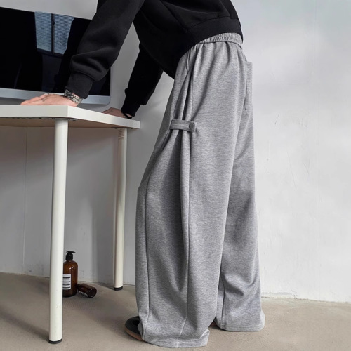 High-end Grey Heavyweight Wide Leg Sports Track Pants for Men with Belt Design, Stylish Casual Long Pants, Loose and Flowy Floor-Length Trousers