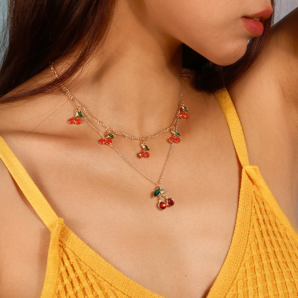 15g Weight Alloy Pendant Material Double Layer Necklaces Classification Alloy Chain Material 1 Piece Quantity Date, Tea Party Occasion Alloy Material Cherry Pattern Women's Gender Plating Design Sweet Style Sweet Cherry Alloy Wholesale Double Layer Necklaces 2