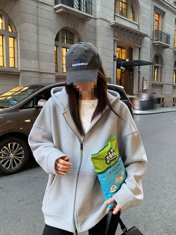 韩版复古磨毛拉绒 廓形双拉链卫衣女秋冬加绒加厚宽松连帽外套|undefined