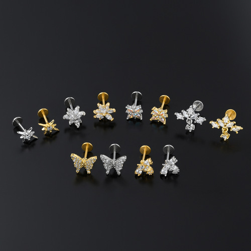 European and American fashionable stainless steel thin rod lip nails for women micro-inlaid zircon small animal flat bottom ear bone nails simple piercing jewelry