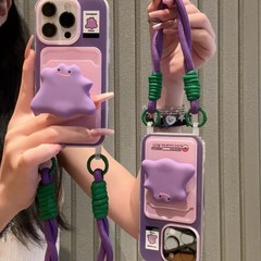 紫小怪獣スタンドカードケース適用アップル16promaxハンドロープ付きiphone15保護カバー