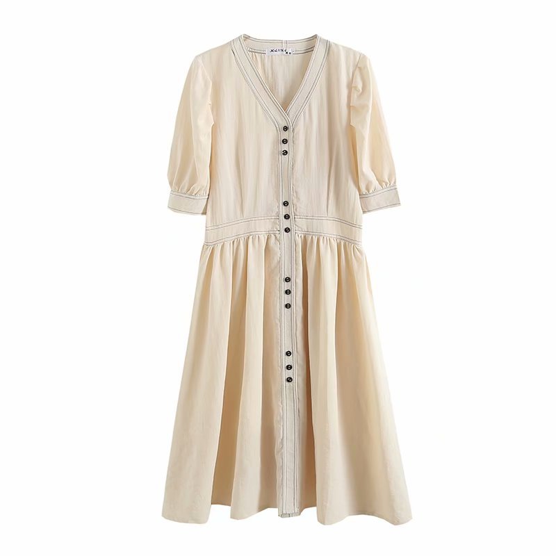 bright-line design V-neck cotton breasted puff sleeve dress  NSAM53204