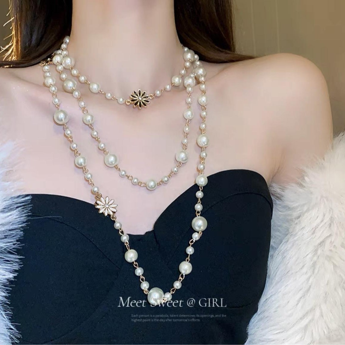 珍珠项链长款时尚百搭小香风秋冬百搭装饰小雏菊太阳花毛衣链批发