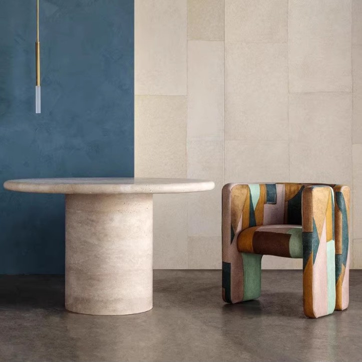 Restaurant Natural Travertine Dining Table Round Living Room Villa Hotel Light Luxury Cream Style Marble Coffee Table Dining Table
