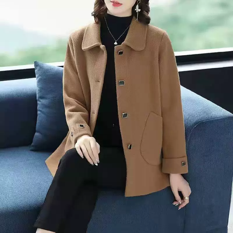 Демисезонное двустороннее бархатное шерстяное пальто, oversized стиль мамы, тёплая середина длины, красный/хаки/чёрный
