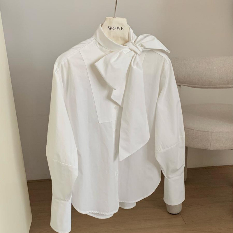 Elegant Lady British Style Design White Ribbon Bow Shirt Women's Slim Spring Loose Long-Sleeved Shirt