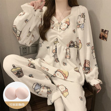 珊瑚绒睡衣女带胸垫春秋冬季加绒加厚甜美可外穿法兰绒家居服套装