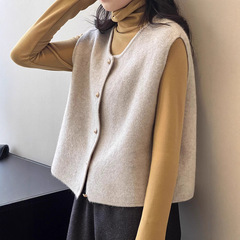 复古女士针织马甲秋季法式宽松叠穿毛衣背心圆领外穿韩系坎肩上衣
