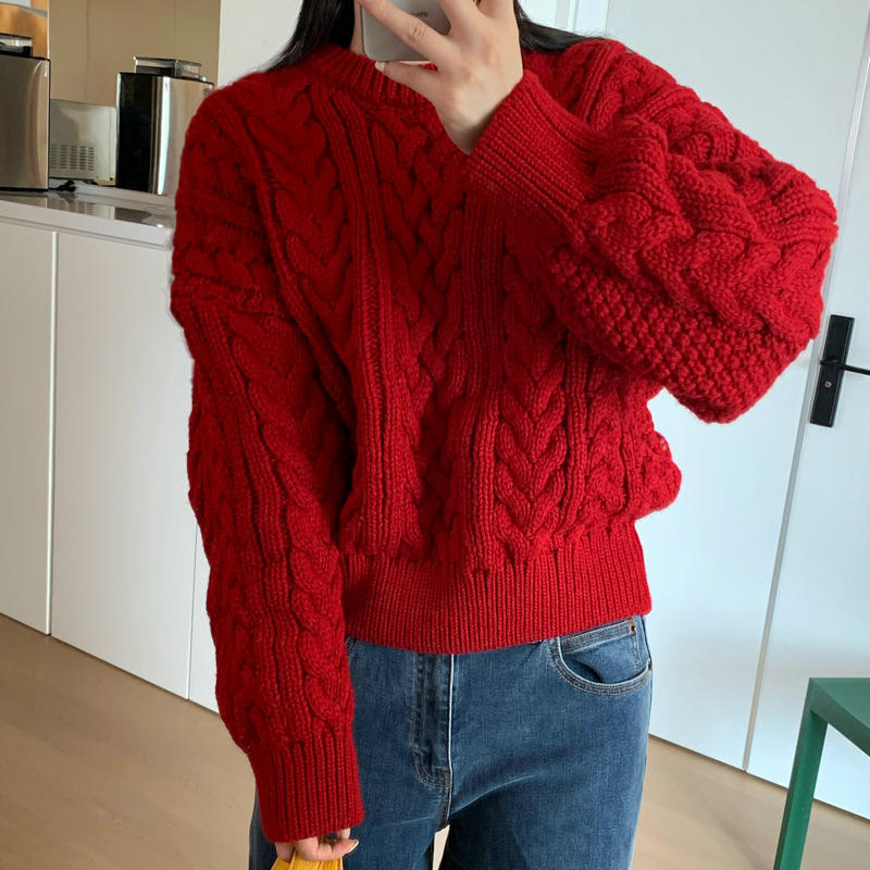 韩系复古麻花套头毛衣 女新款宽松慵懒风针织毛衣 3色 批发 0.8kg|undefined