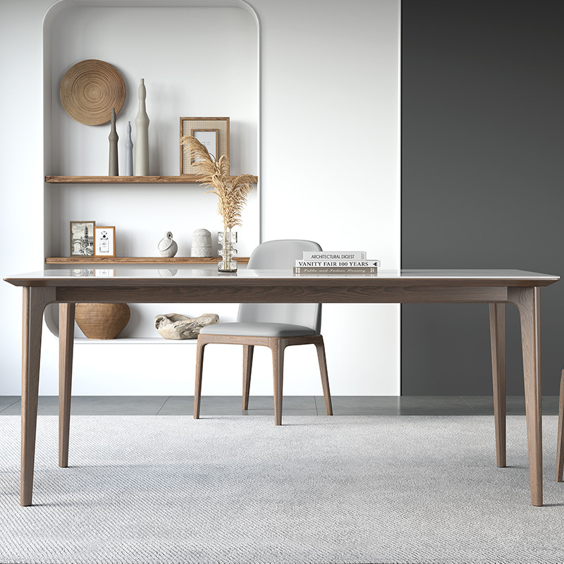 胡桃色实木亮光岩板餐桌家用白蜡木餐桌现代简约小户型长方形饭桌
