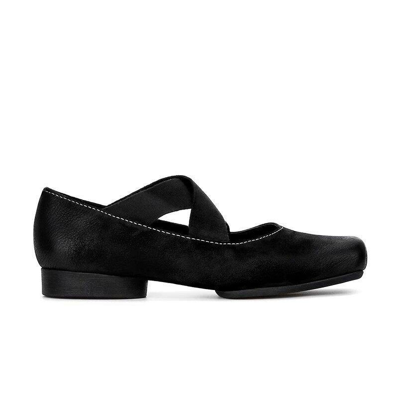 Giày búp bê nữ mũi vuông da cừu phối quai chéo, đế bệt gót thô 5 cm — Da đen (gót dày), Da đen (đáy phẳng), Màu trà sữa (gót dày), Màu trà sữa (đáy phẳng)