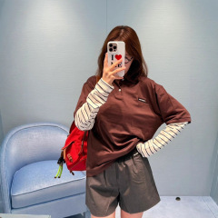 新款miu假两件长袖拼接条纹POLO领上衣休闲舒适学院风个性上衣女
