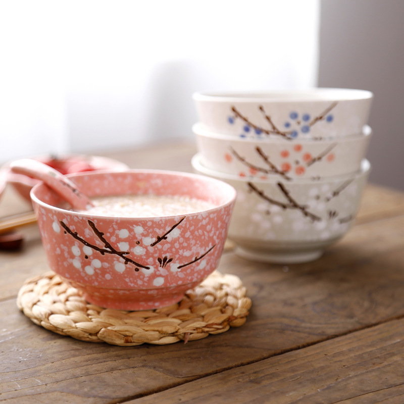 5 Inch Rice Bowl Japanese Underglaze Color Ceramic Tableware Pink Porridge Bowl Set Hotel Home Single Eating Bowl