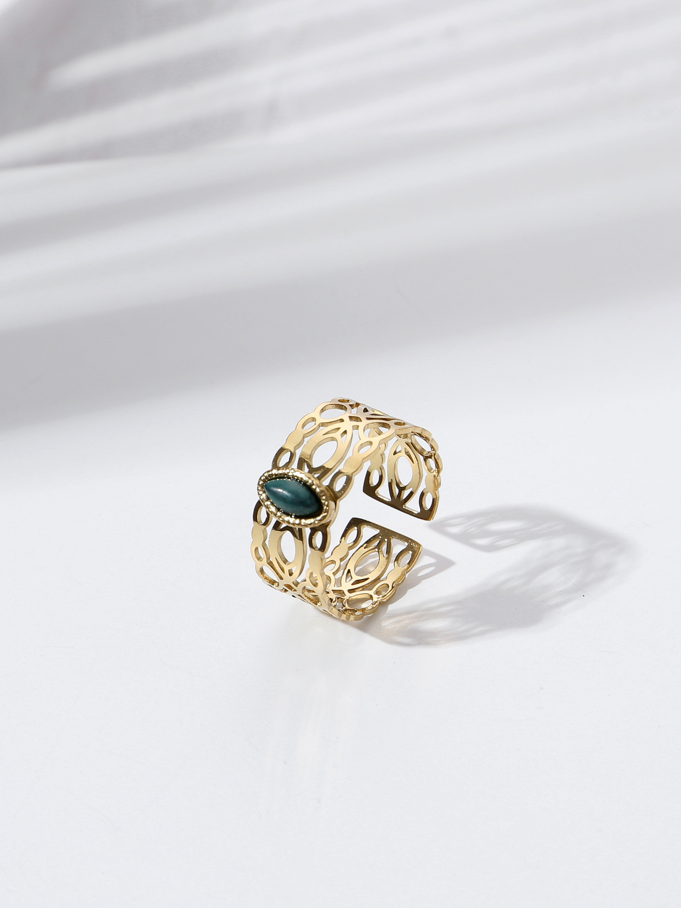 fashion stainless steel 14K gold plated hollow turquoise inlaid ringpicture5