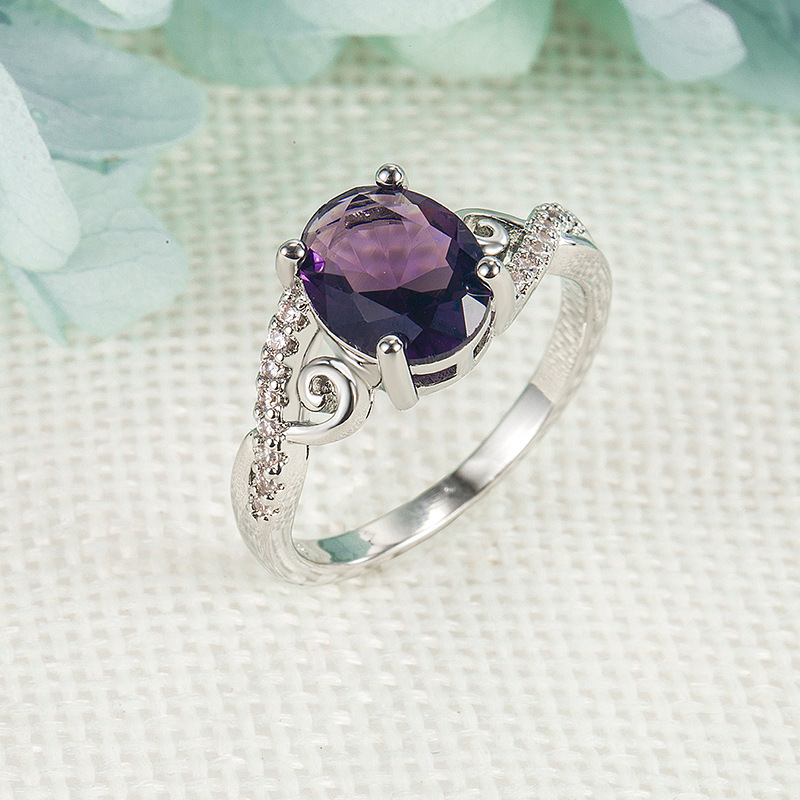 亞馬遜新款鑲鑽锆石紫鑽戒指女輕奢歐美跨境蛋形紫水晶戒指批發