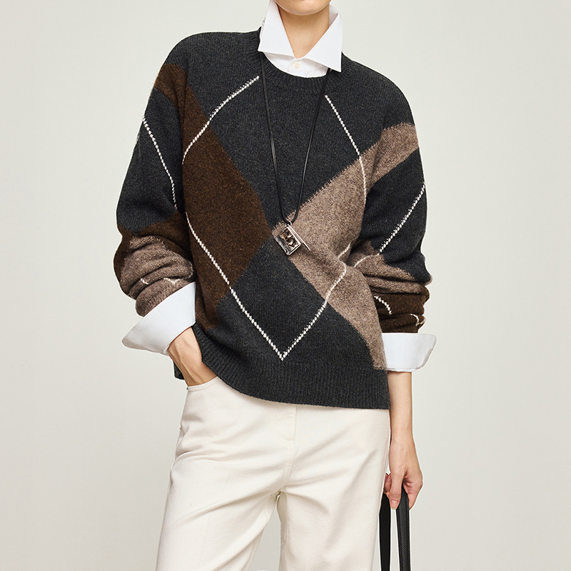 Open/High Weight Consinee Alpaca Original Retro Contrasting Diamond Checkered Round Neck Knitted Sweater 2025 Winter New