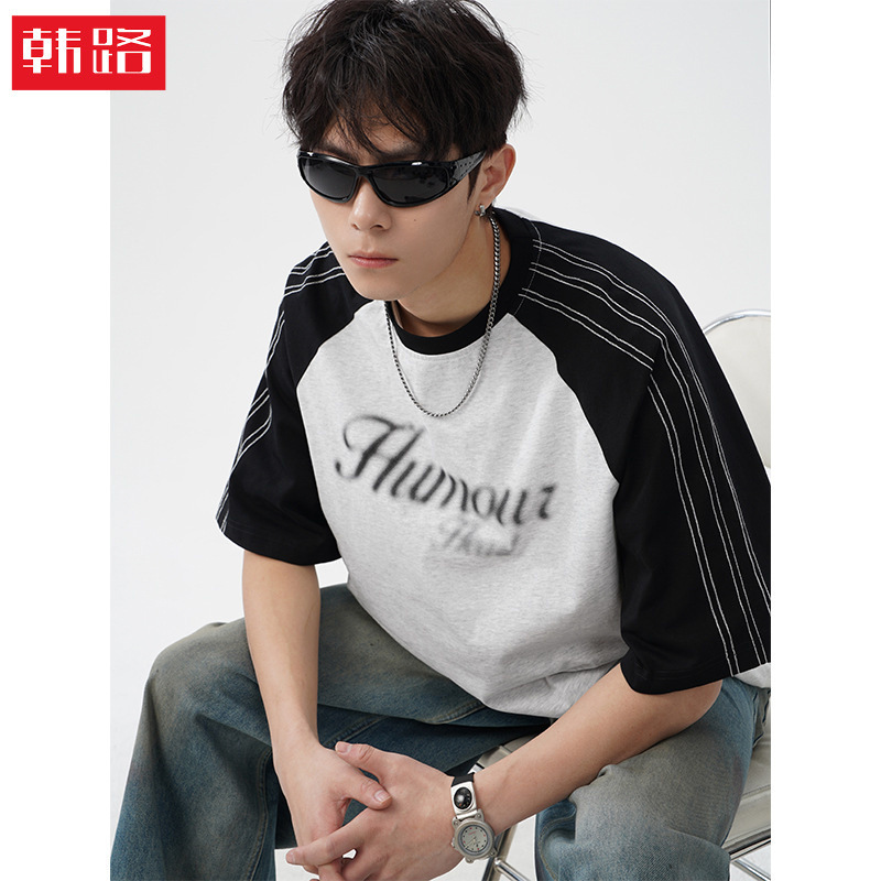 American Retro Style Color-Blocking Contrast Raglan Sleeve Short-Sleeve T-Shirt for Men, New Summer Model with Fuzzy Dot Print, Couple's Half-Sleeve Q American Retro Style Color-Blocking Contrast Raglan Sleeve Short-Sleeve T-Shirt for Men, New Summer Model with Fuzzy Dot Print, Couple's Half-Sleeve Q