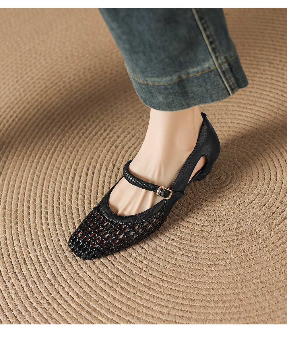 Giày sandal nữ gót thấp 3 cm mũi vuông hở bên da cừu đi làm — đen chi tiết 17