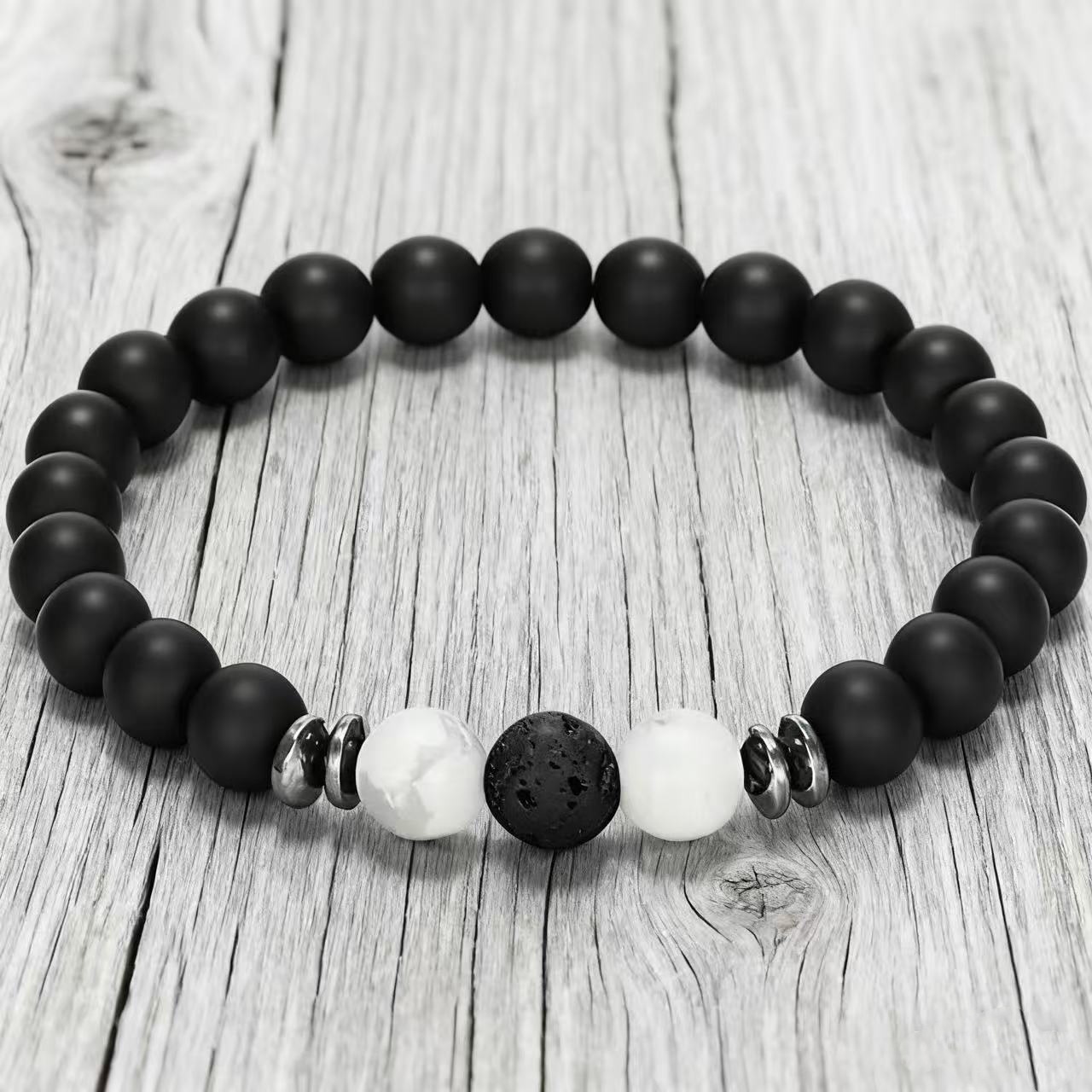 Conjunto de 4 pulseiras elásticas de alta qualidade e estilo masculino com contas de pedra vulcânica olho de tigre e turquesa branca para casais._voghion.com
