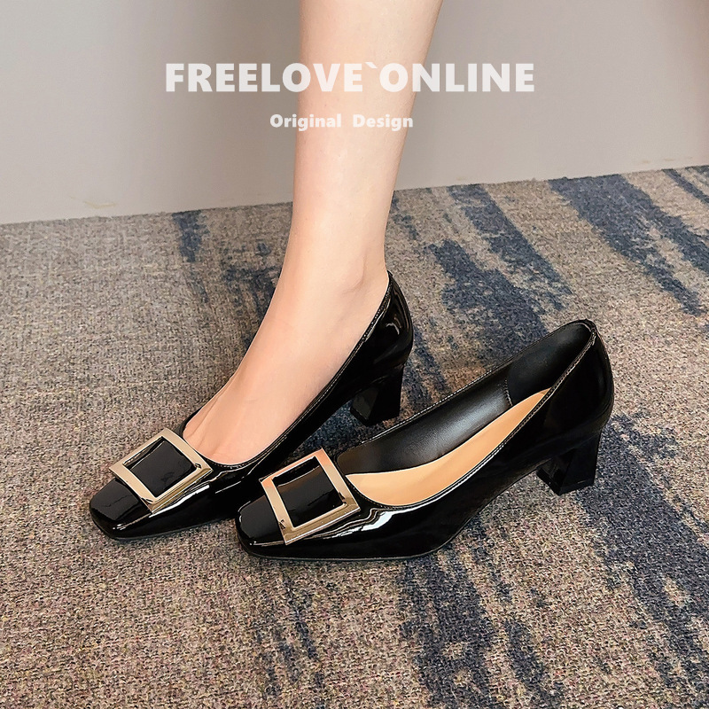 Sheepskin Version~Hong Kong Style Shallow Mouth High Heels, Chunky Heel Shoes, Single Shoes, Square Toe, Square Buckle, Square Toe Women's Shoes, Solid Color, Wide Fit