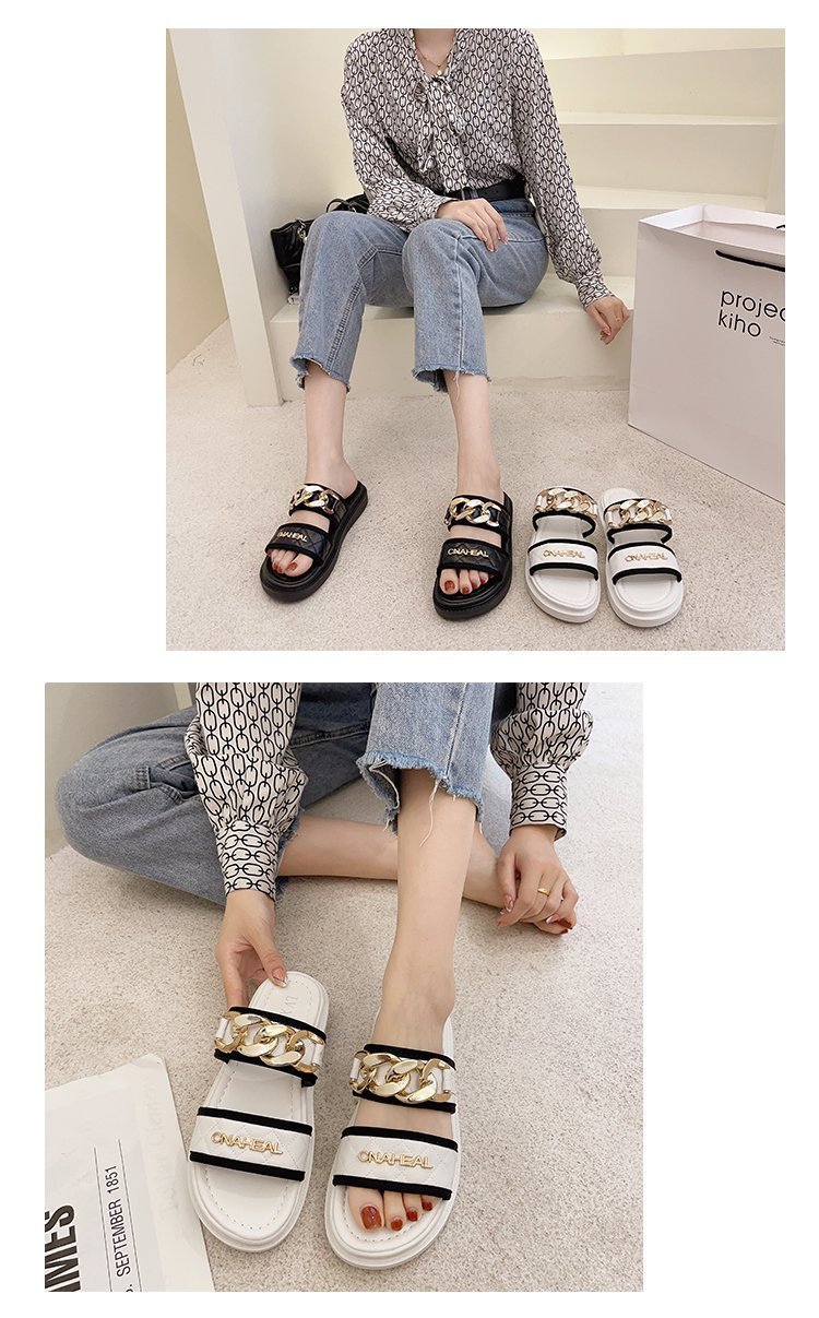 Damen-Oberbekleidung, Keilabsätze, Influencer-Intrend-Sandalen, 2021 neuer Mode-Tanga mit Metallkette und dicker Sohle_voghion.com