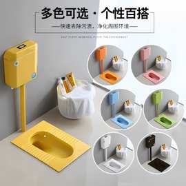幼儿园成人彩色蹲便器陶瓷带存水弯防臭蹲坑酒店工程用大便池水箱