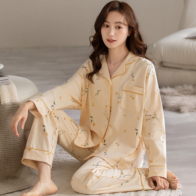 Pijamas de Otoño de las mujeres de manga larga 100% algodón primavera y otoño Otoño e Invierno cardigan verano 2023 nuevo desgaste del hogar traje de invierno