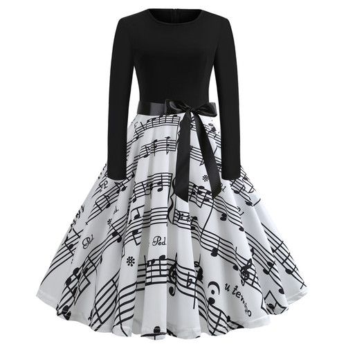 New retro dress, long-sleeved round neck, sexy digital printed dress, large discount