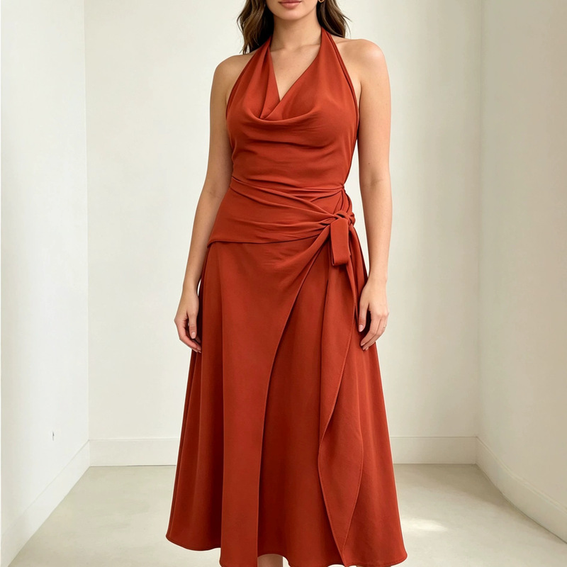 European and American cross-border ready-to-ship halter neck V-neck draped side-tie waist-cinching draped midi dress European and American cross-border ready-to-ship halter neck V-neck draped side-tie waist-cinching draped midi dress