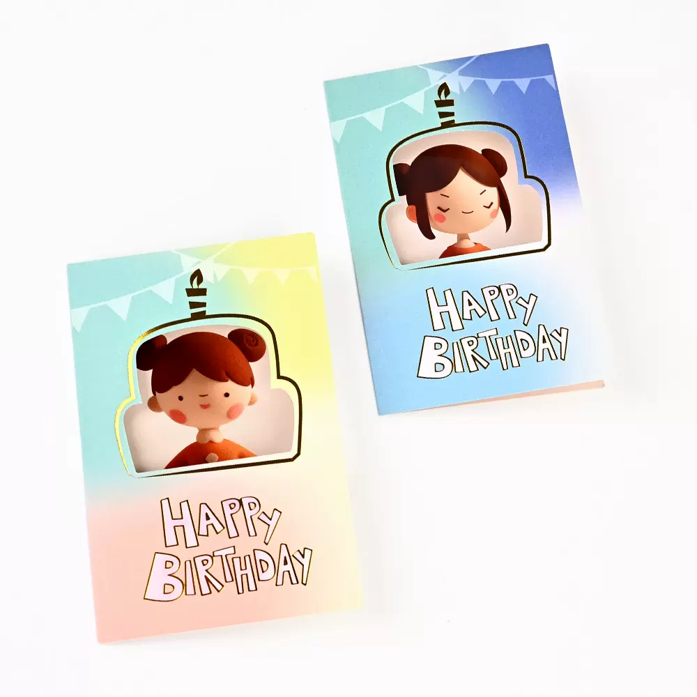 跨境开窗可爱生日贺卡 布偶风女生生日贺卡带信封 烫金感谢卡套装