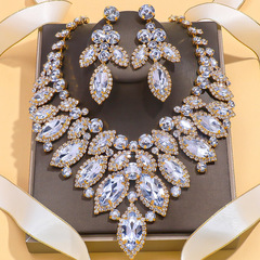 歐美奢華樹葉項鍊套裝復古誇張水鑽耳環高級感項鍊Jewelry Set