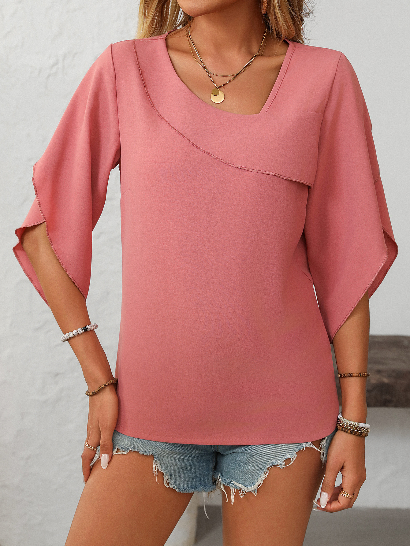 Summer Women Clothing Casual Oblique V neck Chiffon Puffed Sleeves Top