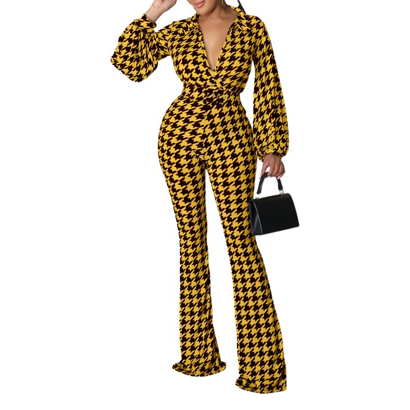 C8559 ropa de mujer transfronteriza 2023 Otoño e Invierno Nuevo cuello en V puff manga cintura apretada impresa pierna ancha más tamaño mono africano