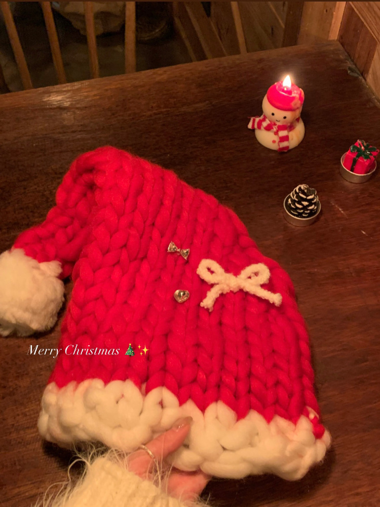 Christmas knit Christmas hat Winter bow woolen hat party photo decorations_voghion.com