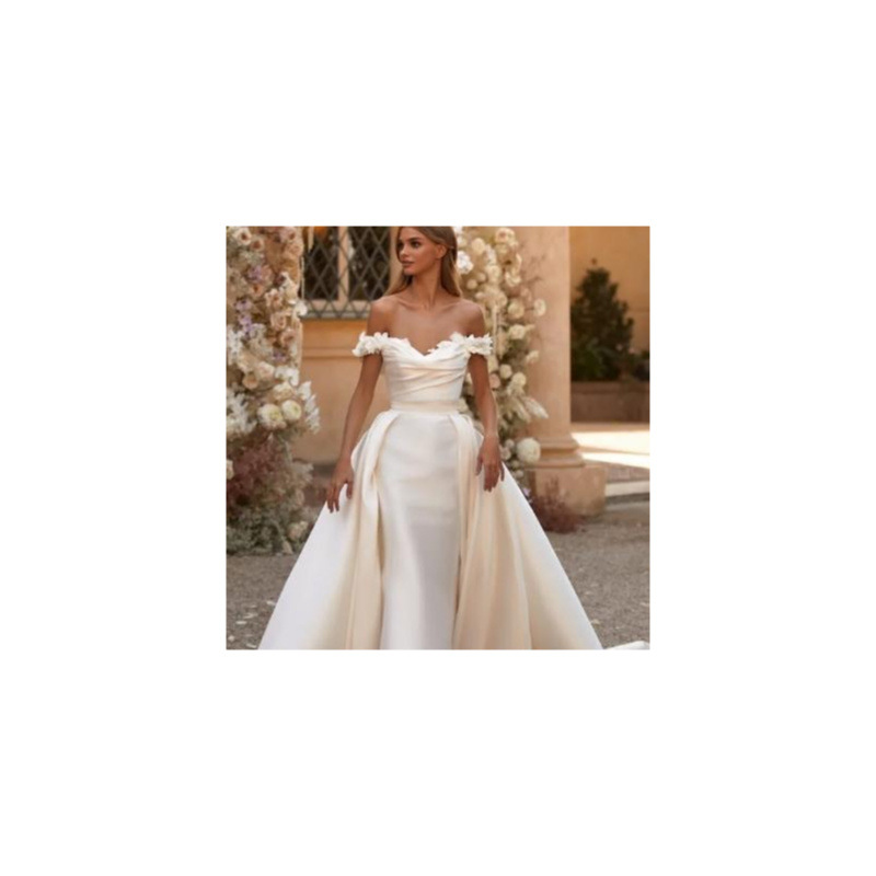 European and American plus size small wedding dress twill satin lace-up off-shoulder tube top high waist three-dimensional trailing dress