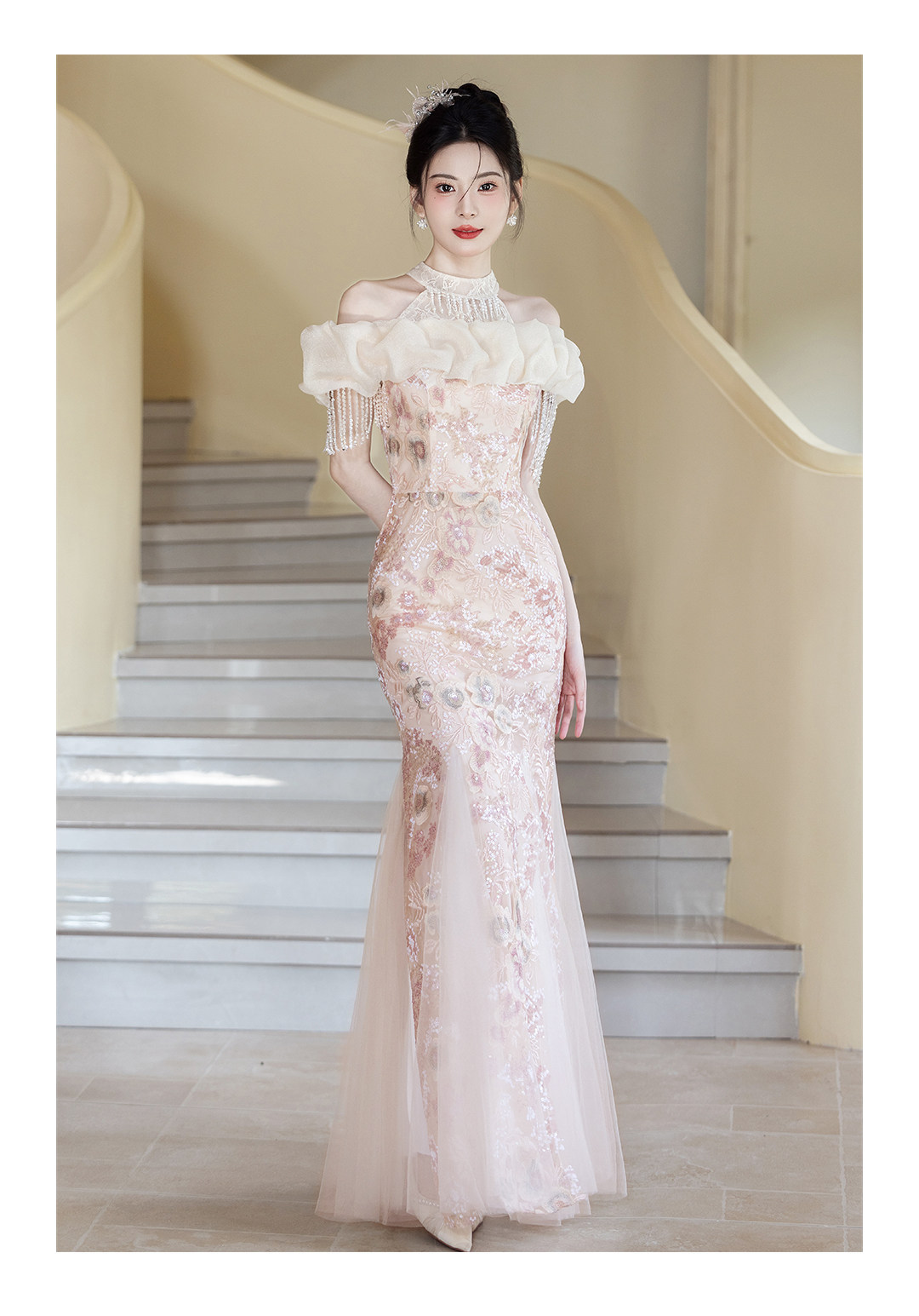 Pink Mermaid Style Bridal Gown Halter Neck off Shoulder Evening Dress Understated Luxury Niche Adult Emcee Morning Robe Toasting Dress_ecoleips.com