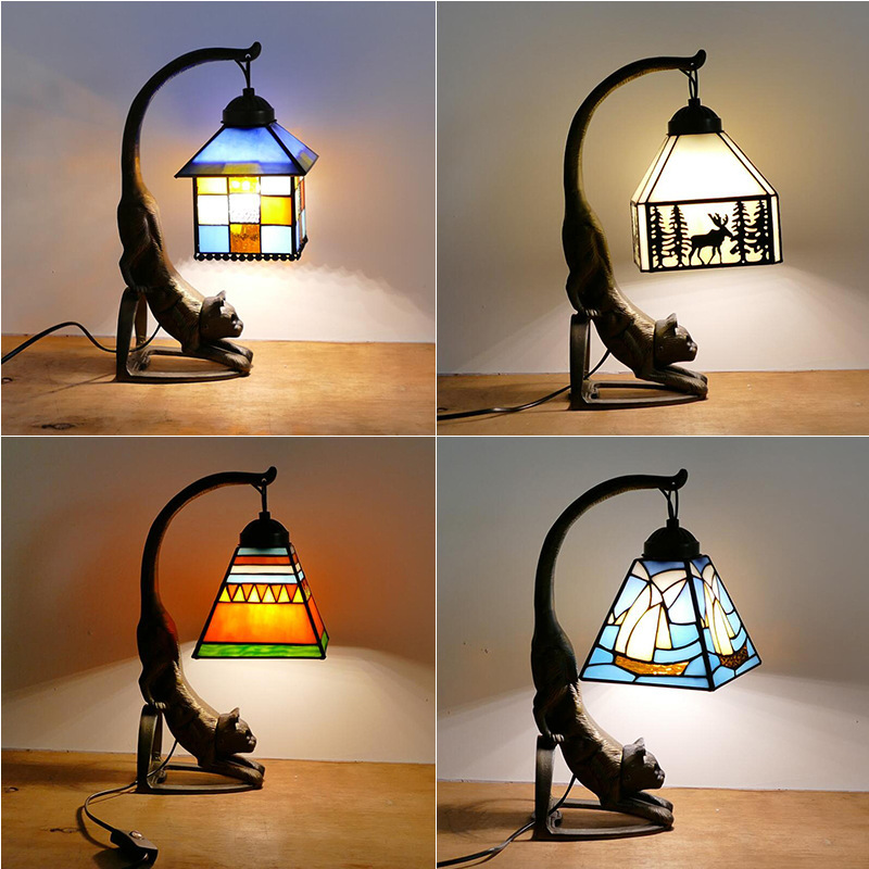 European Retro Bar Table Lamp Living Room Study Bedroom Bedside Lamp Tiffany Color Square Lamp Leopard Decorative Table Lamp