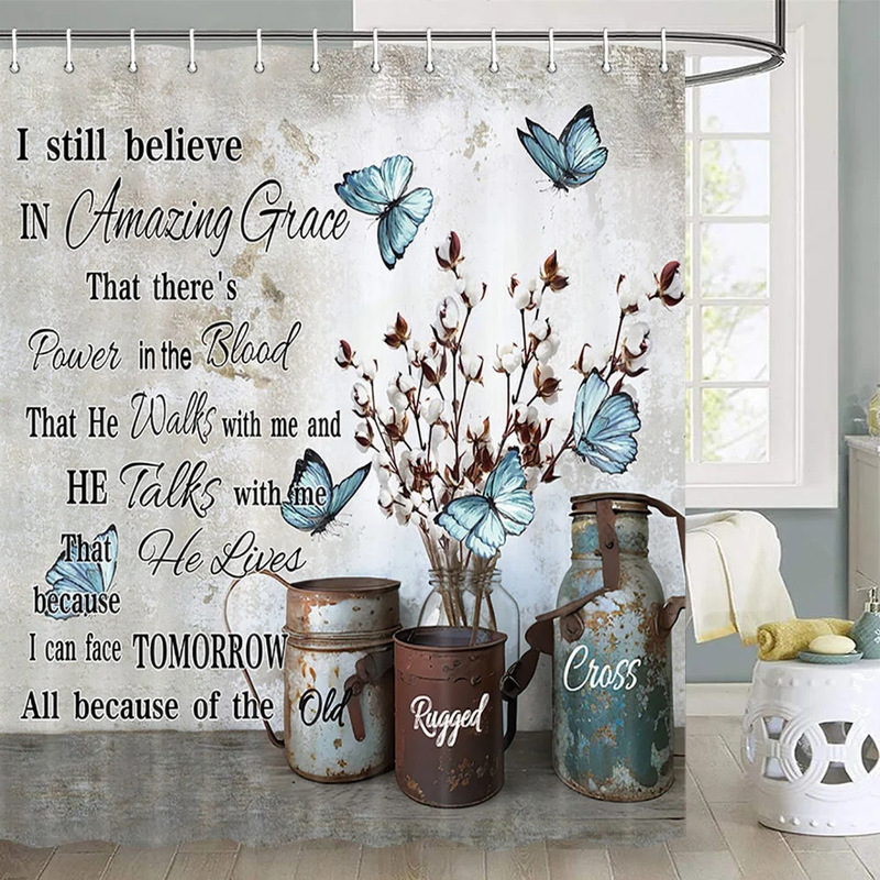 Country farmhouse shower curtain, blue butterfly white cotton flower inspirational quotes shabby chic french countryside Country farmhouse shower curtain, blue butterfly white cotton flower inspirational quotes shabby chic french countryside