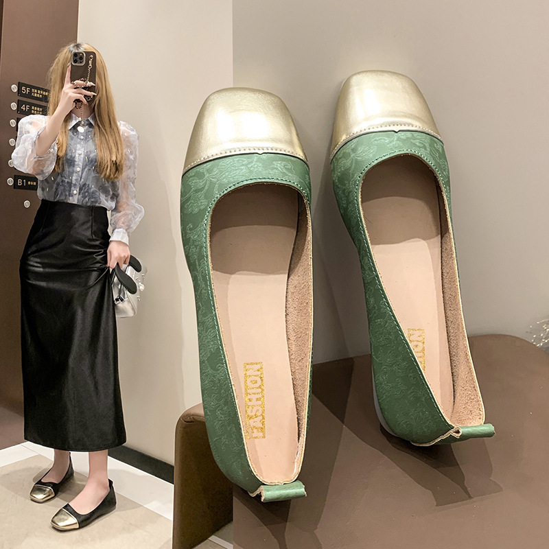 Fashionable summer two-tone shoes square toe low-cut flat