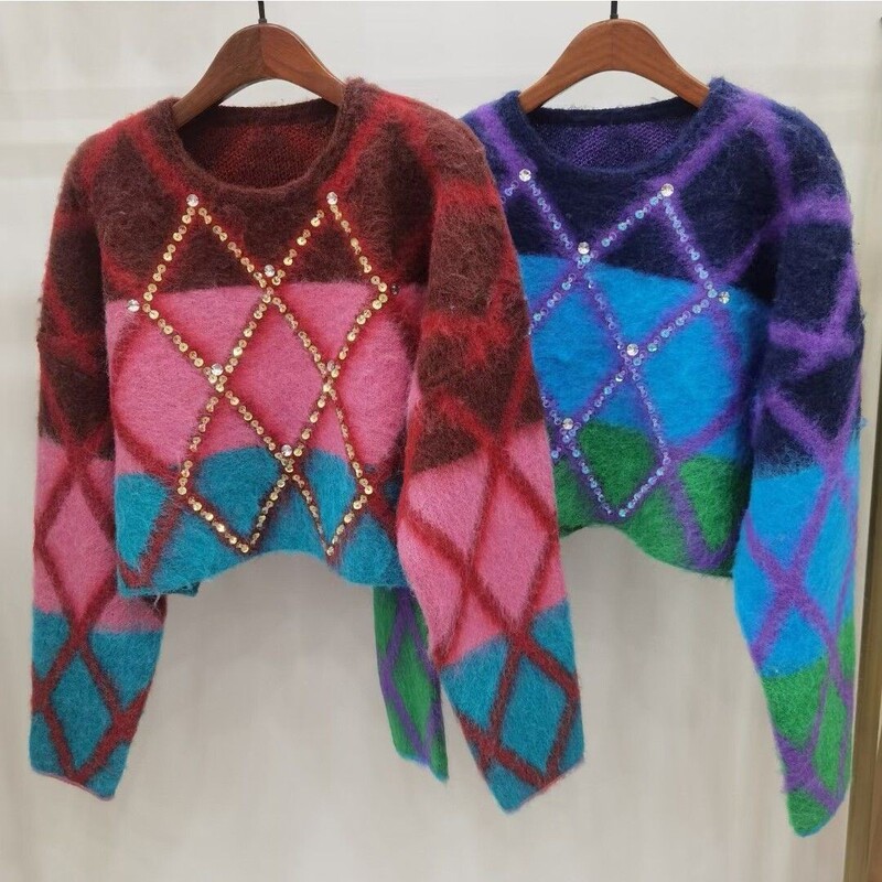 Color-Blocked Rhombus Sweater for Women in Autumn and Winter New Design with Diamond Beads Niche Western Style Short Lazy Style Top