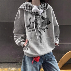 设计感小众刺绣格子连帽卫衣女2025新款早秋季薄款宽松慵懒风上衣