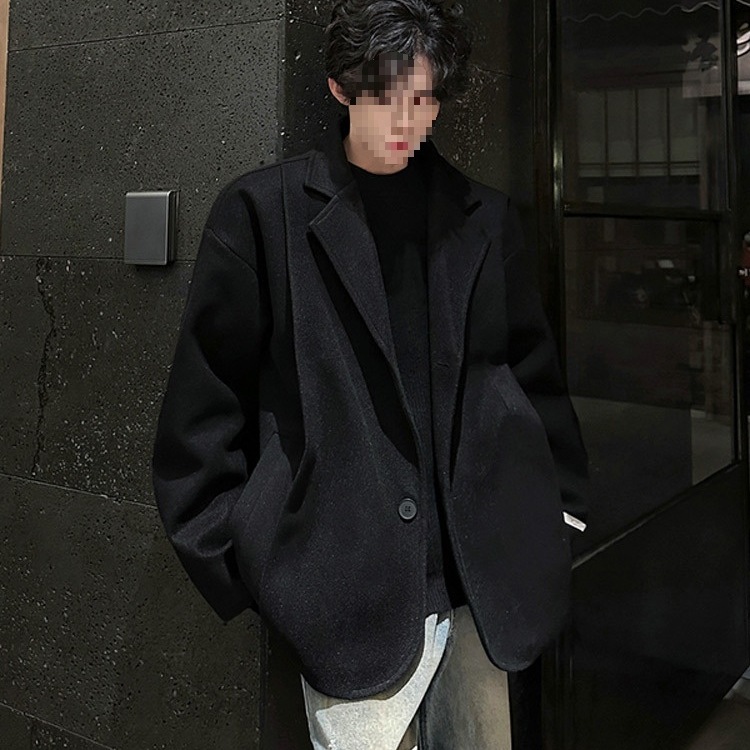 Black demi-season woolen coat for leisure