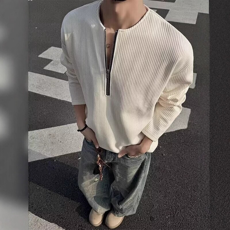 2026 Ribbed Texture Half-Zip Sweatshirt for Men, New Spring Heavyweight Long-Sleeve T-Shirt, Trendy Brand Loose Jacket 2026 Ribbed Texture Half-Zip Sweatshirt for Men, New Spring Heavyweight Long-Sleeve T-Shirt, Trendy Brand Loose Jacket