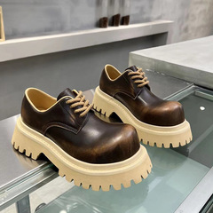Unisex Mickey Big-Head Derby Shoes in British Style: Chunky Sole Lace-Up Leather Shoes with Round Toes and Thick Heels—Made from Genuine Leather Loafers