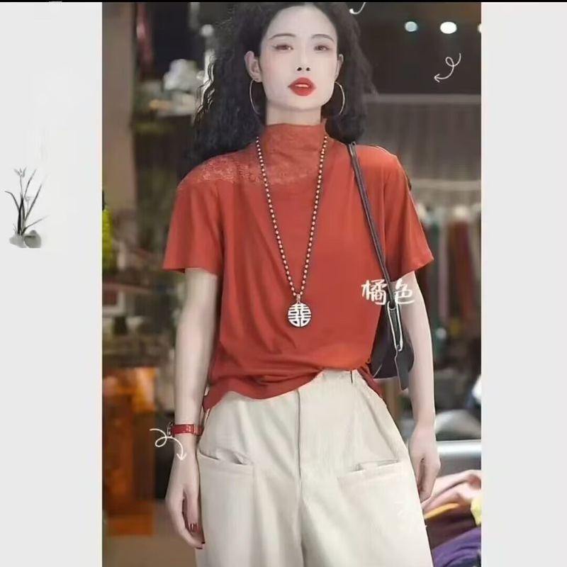 Hollow Lace Short-sleeved T-shirt Women's 2025 Summer Artistic Loose Slimming Casual Exquisite Inner Wearing Base Shirt