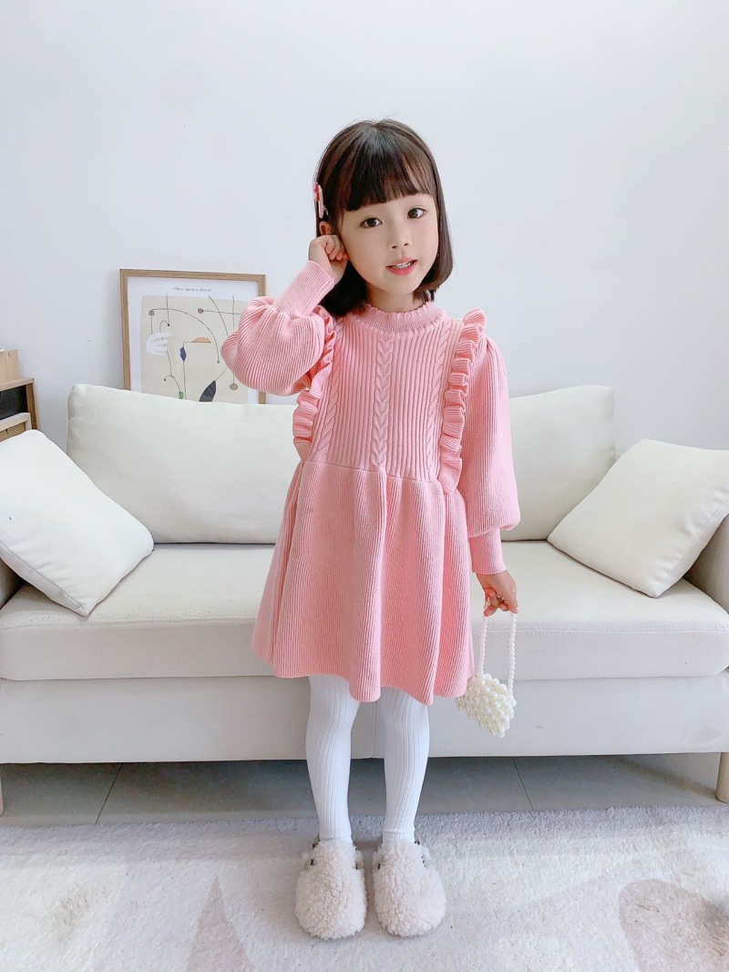 Girls Knitted Dress Autumn Winter Solid Colour Long Sleeve Style_voghion.com