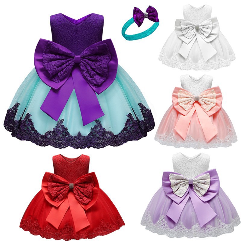 Amazon AliExpress vestido del bebé del bowknot color a juego vestido mullido vestido de malla en stock suministro directo