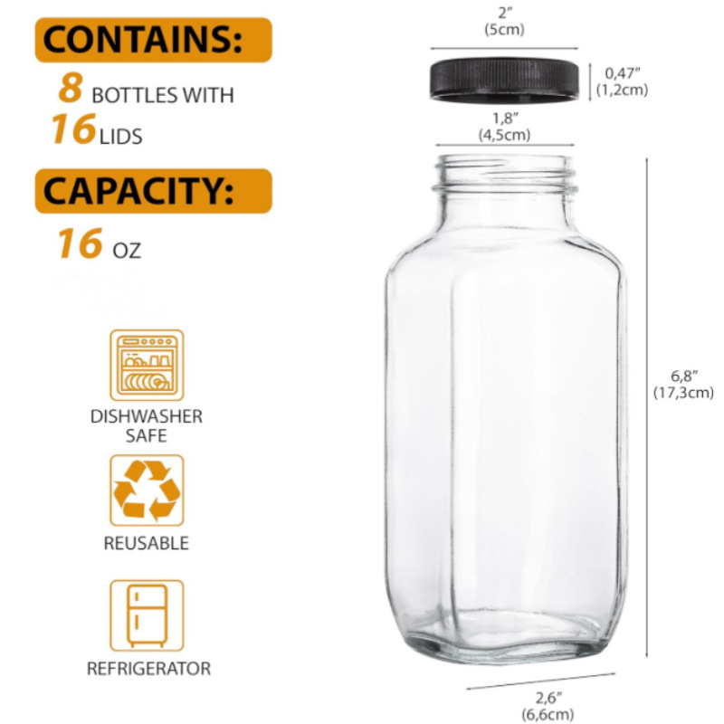 Amazon 16oz botella de vidrio transparente con tapa reutilizable para batidos de jugo, leche y bebidas de almacenamiento