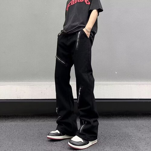 High-end street-style American vibe zipper indie denim jeans for men, trendy brand bell-bottoms with a high-waist and wide-leg design
