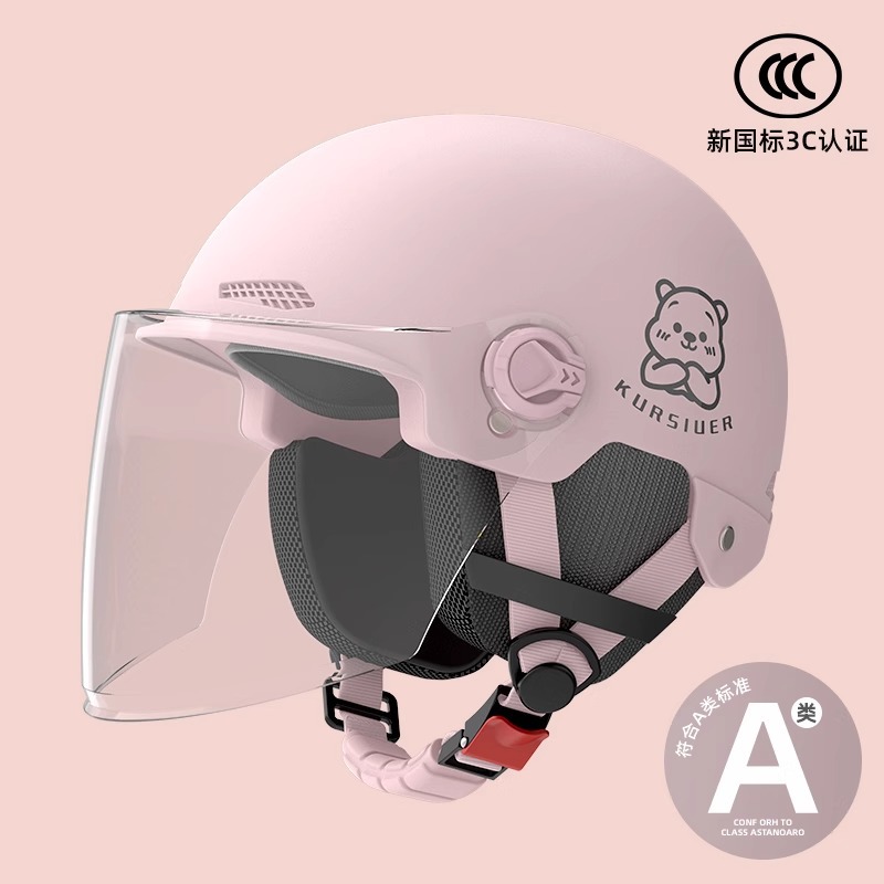 Auto Parts and Accessories: Universal Electric Motorcycle Helmet - class-a-new-national-standard-3c-hd-long-lens-four-seasons-earmuffs-cute-bear-strawberry-pink